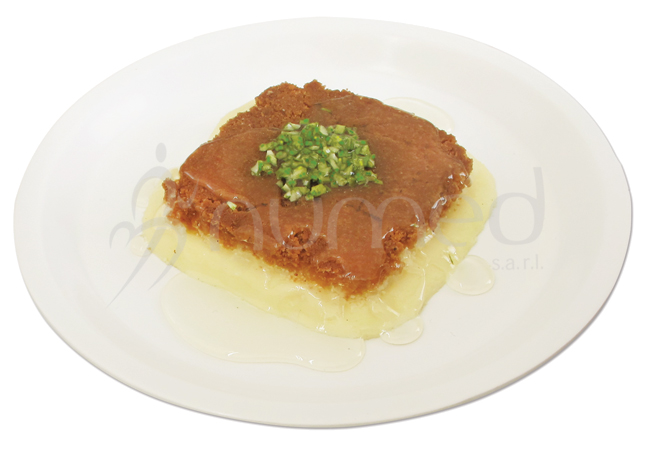 Knafeh with cheese, sugar syrop, in melanine plate