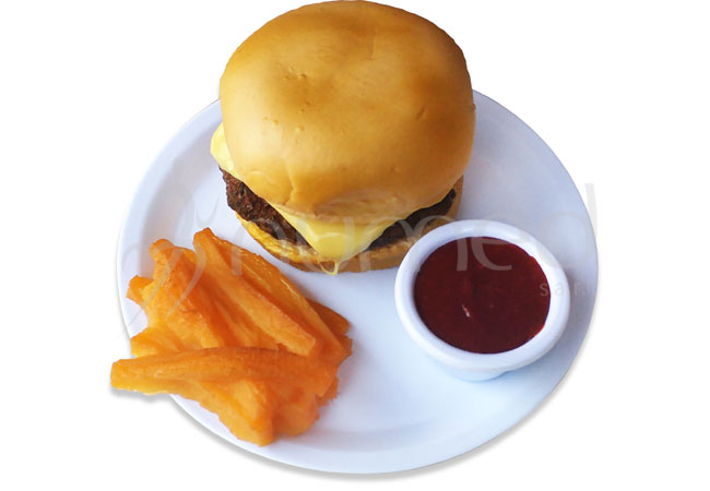 Hamburger, Cheese, with French Fries, in melamine plate