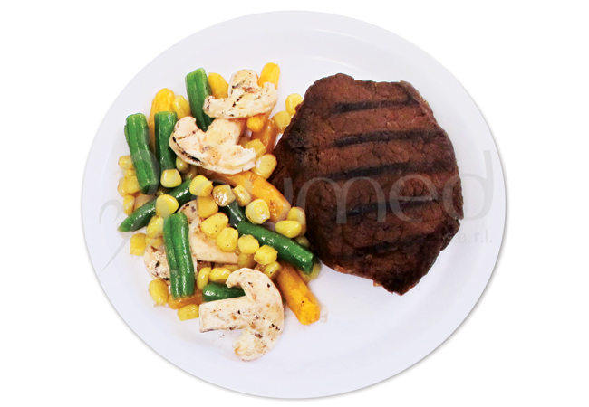 Meat with vegetables, in melamine plate